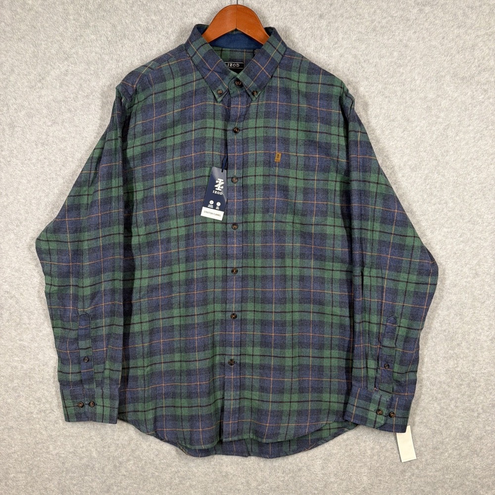 Izod Stratton Men's XL Flannel Plaid Button Down Shirt NWT Medieval Blue